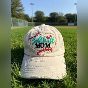 Softball Mom Hat Embroidered Baseball Cap Cream Distressed Women’s Adjustable